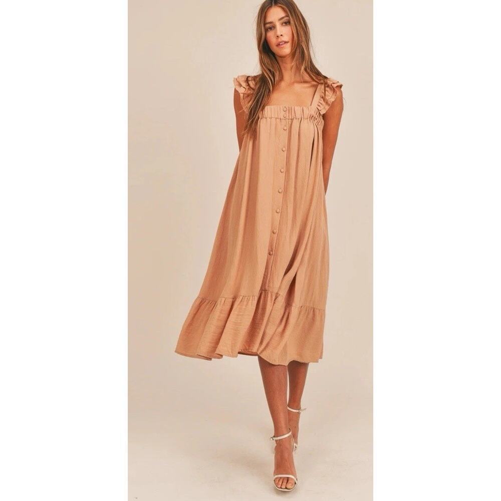 Mable‎ Boah Ruffle Sleeve Reversible Lined MIDI Dress In Salmon Size Small EUC